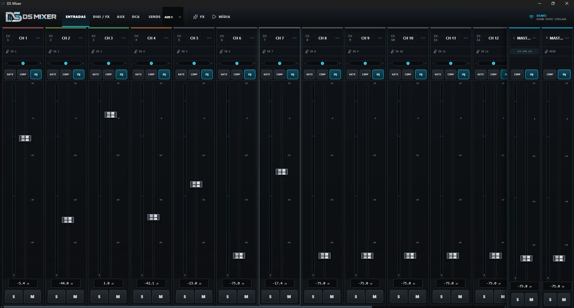 Interface real do DS Mixer, com canais, faders, processamento e masters da mesa Duonn